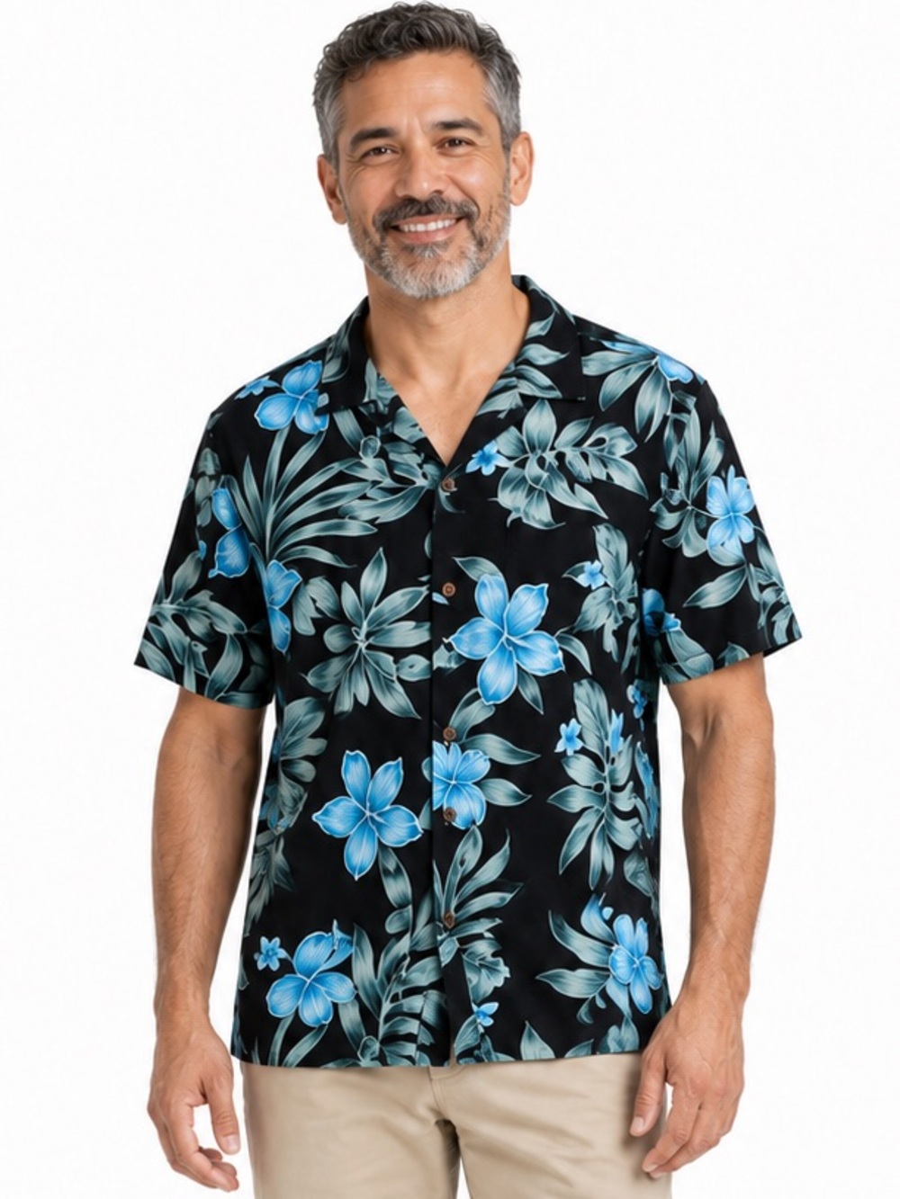 Bermuda Bay Men’s 100% Silk Tropical Hawaiian Black & Blue Printed Shirt Size M